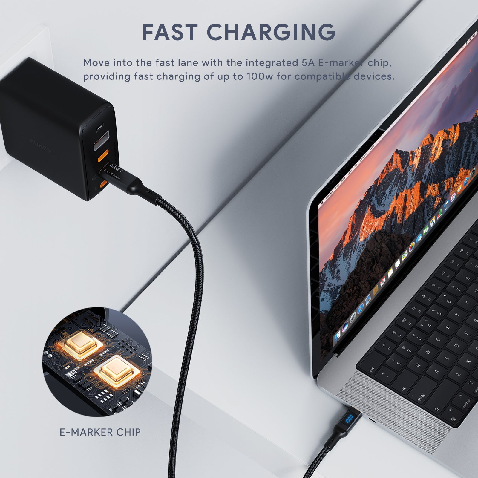 AUKEY CB-MCC101 Circlet Blink 100W 1m 100W Nylon Braided USB-C to USB-C  Cable with LCD Display