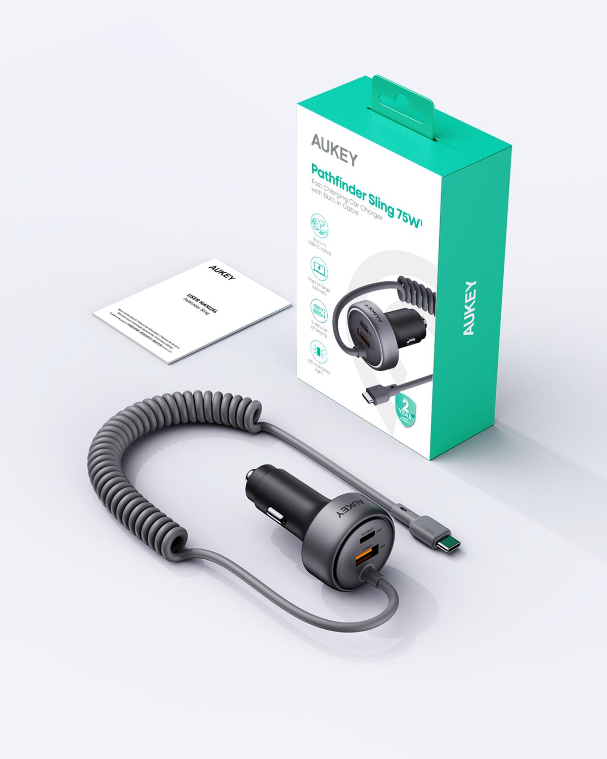 AUKEY CC-P2 Pathfinder Sling 75W Fast Charging Car Charger with Built-in Cable