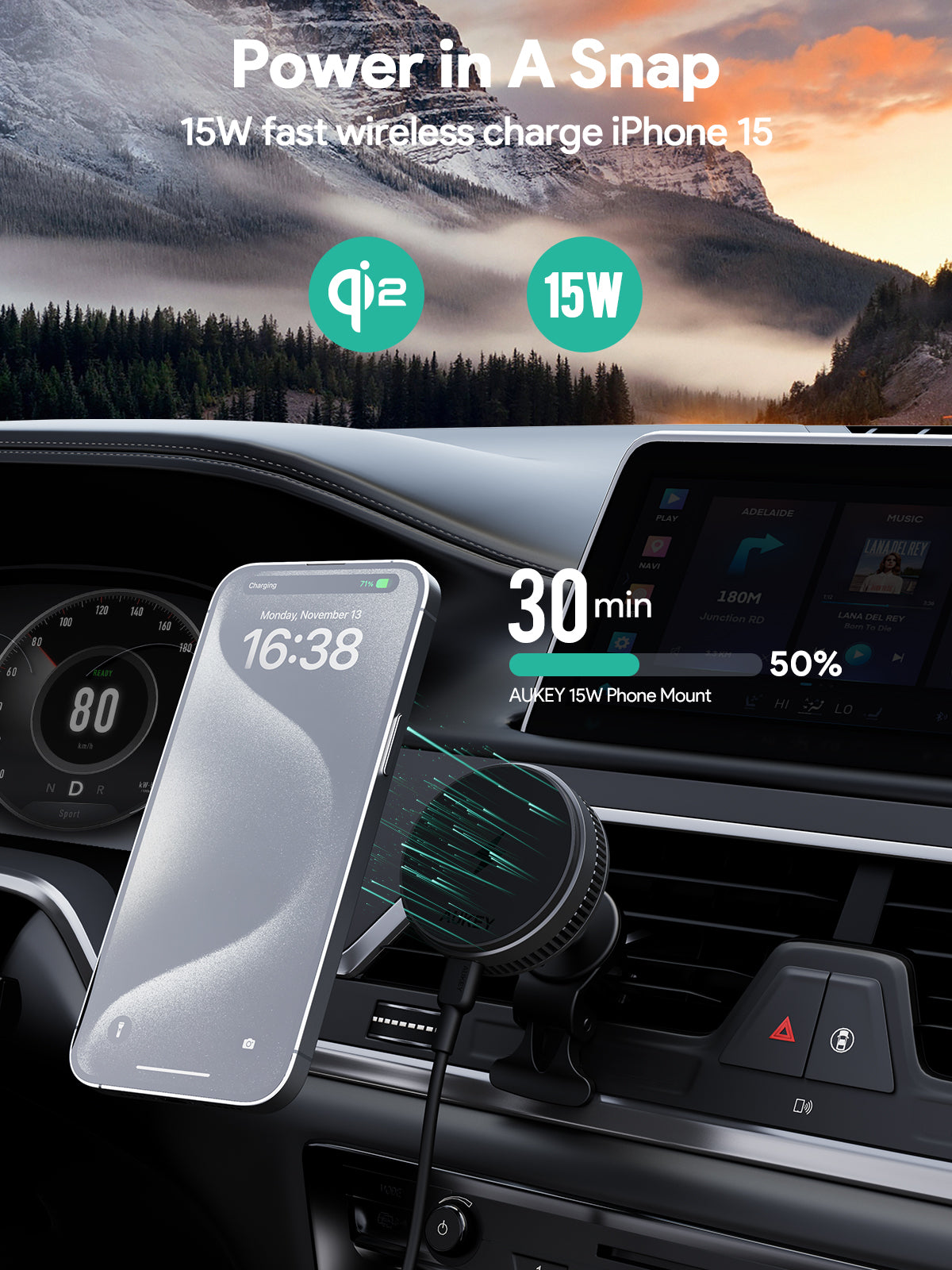 AUKEY HD-MC13A MagFusion Dash Pro Qi2 Active Cooling Wireless Charging Phone Mount