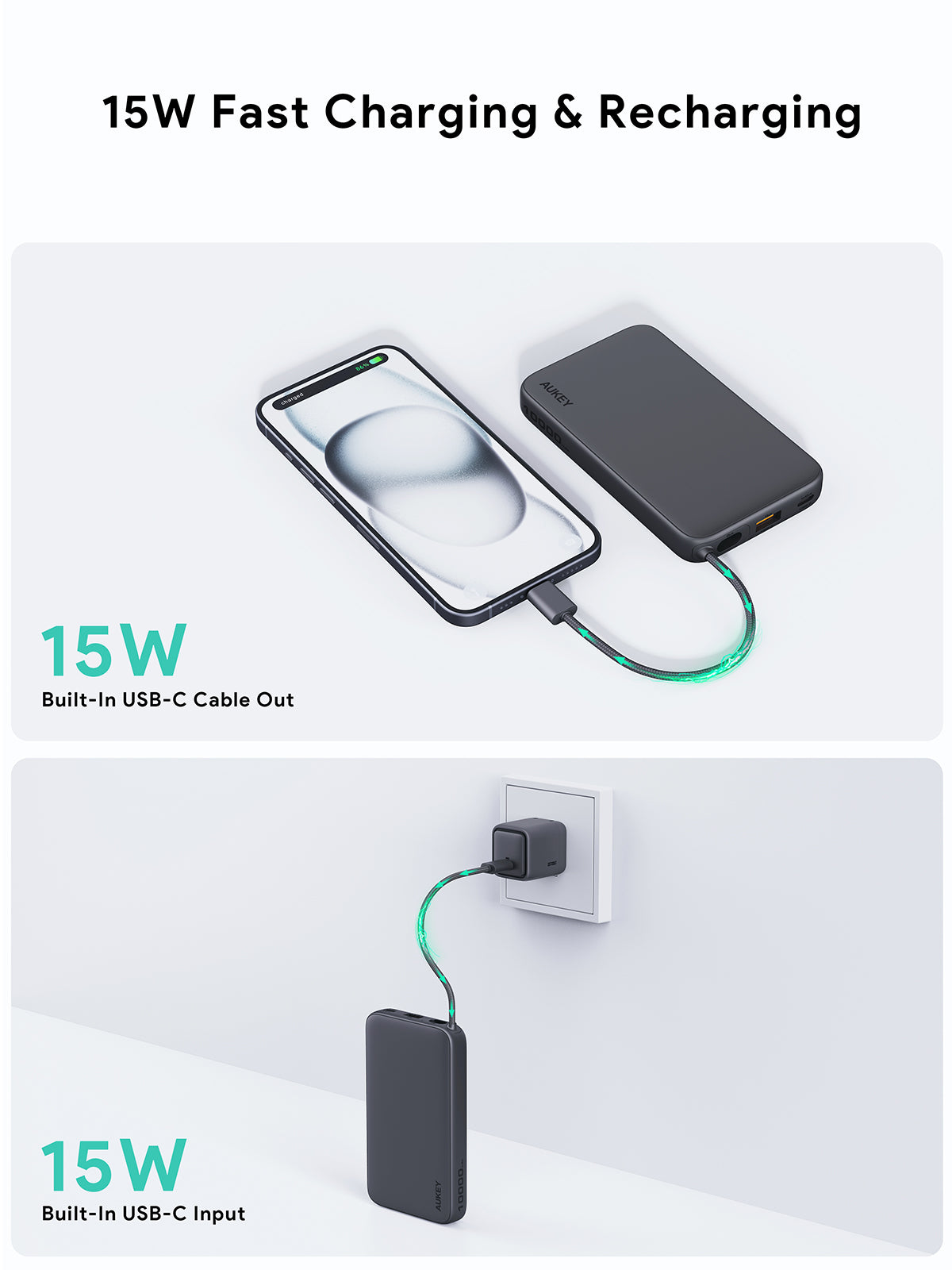 AUKEY PB-Y53 Spark Sling 10000 Lite Slim Power Bank with Buit-in USB-C Cable