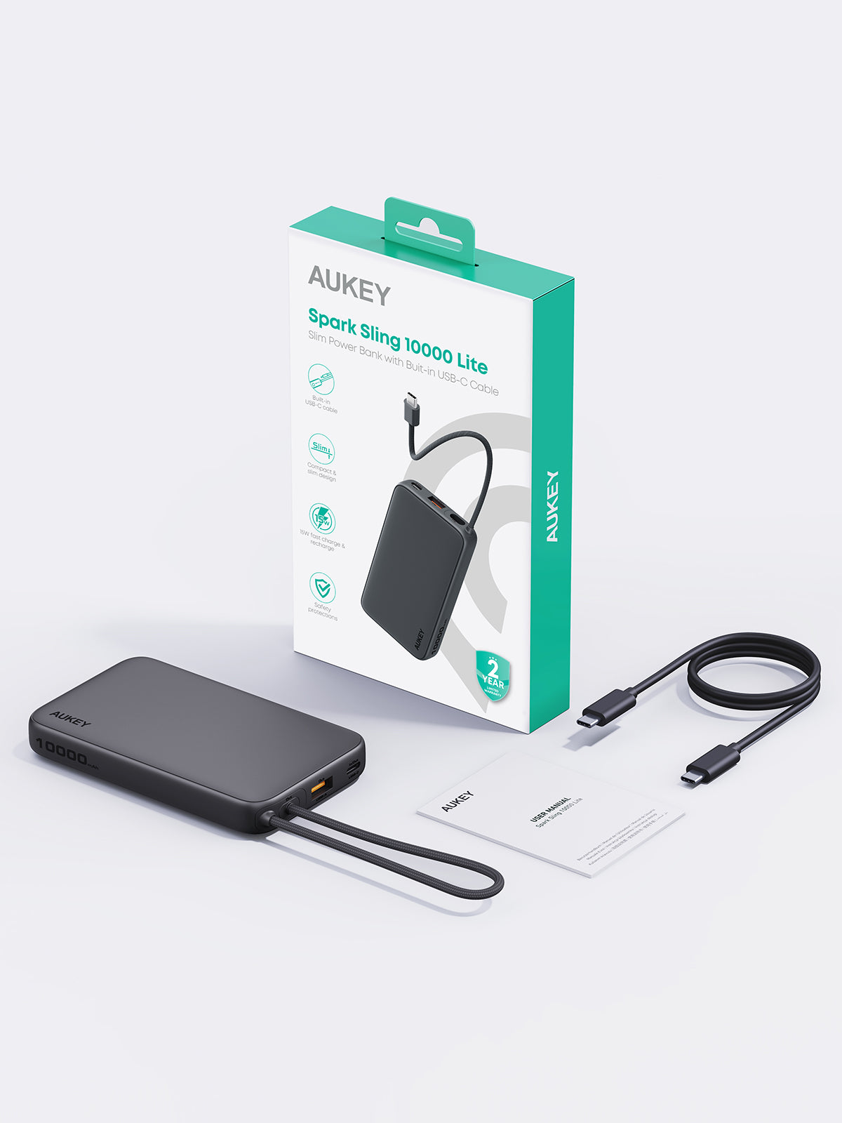 AUKEY PB-Y53 Spark Sling 10000 Lite Slim Power Bank with Buit-in USB-C Cable