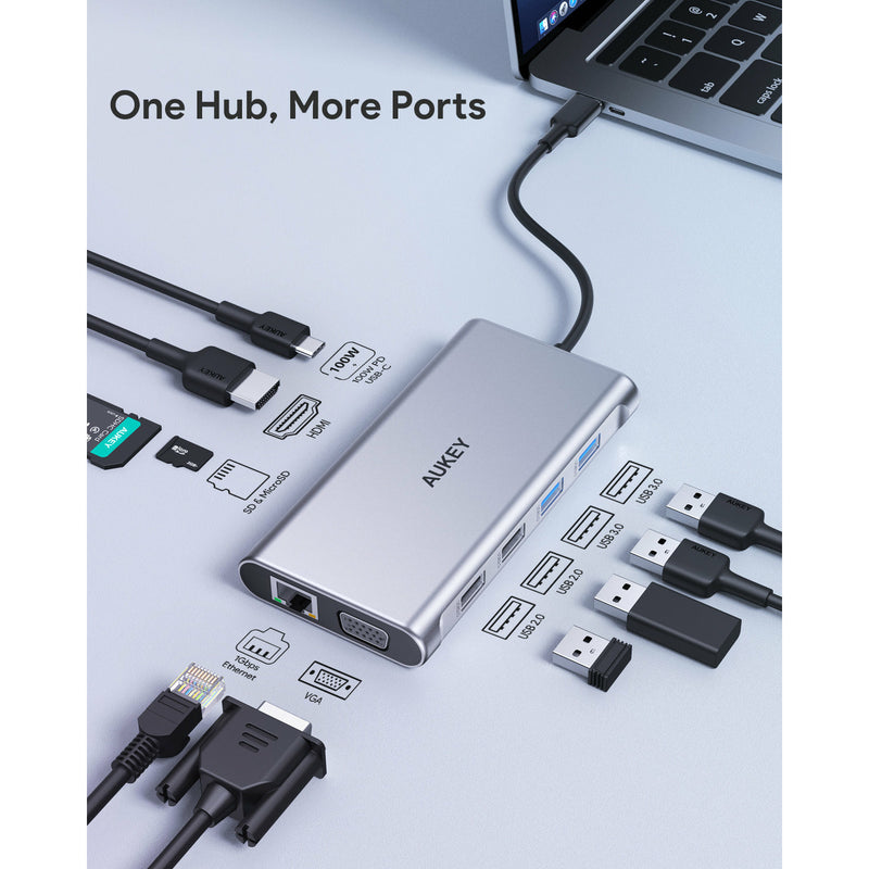 AUKEY CBC71 8 in 1 USB C Hub with Ethernet Port, 4K USB C to HDMI Black